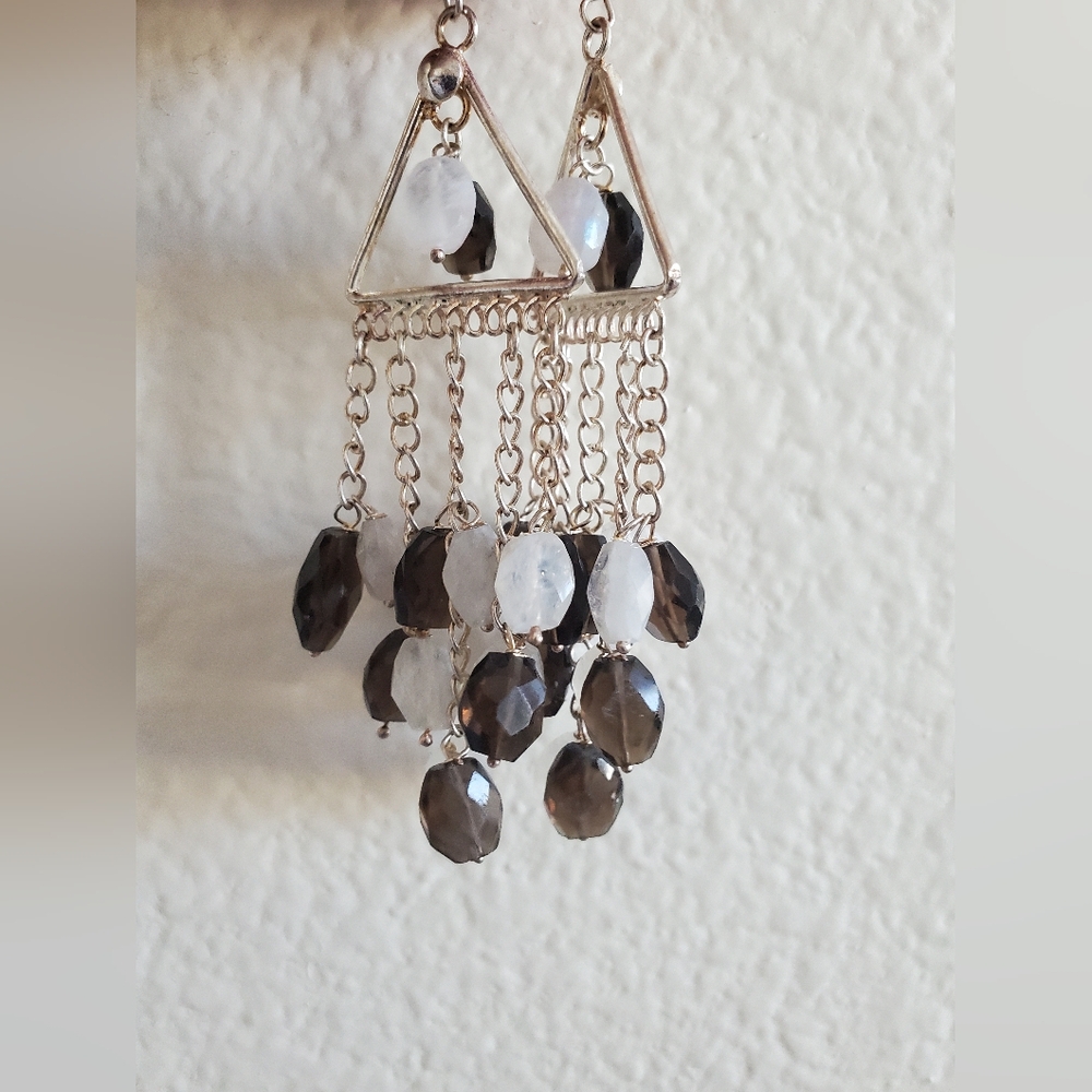 Moonstone Smokey Quartz Stone Chandelier Earrings